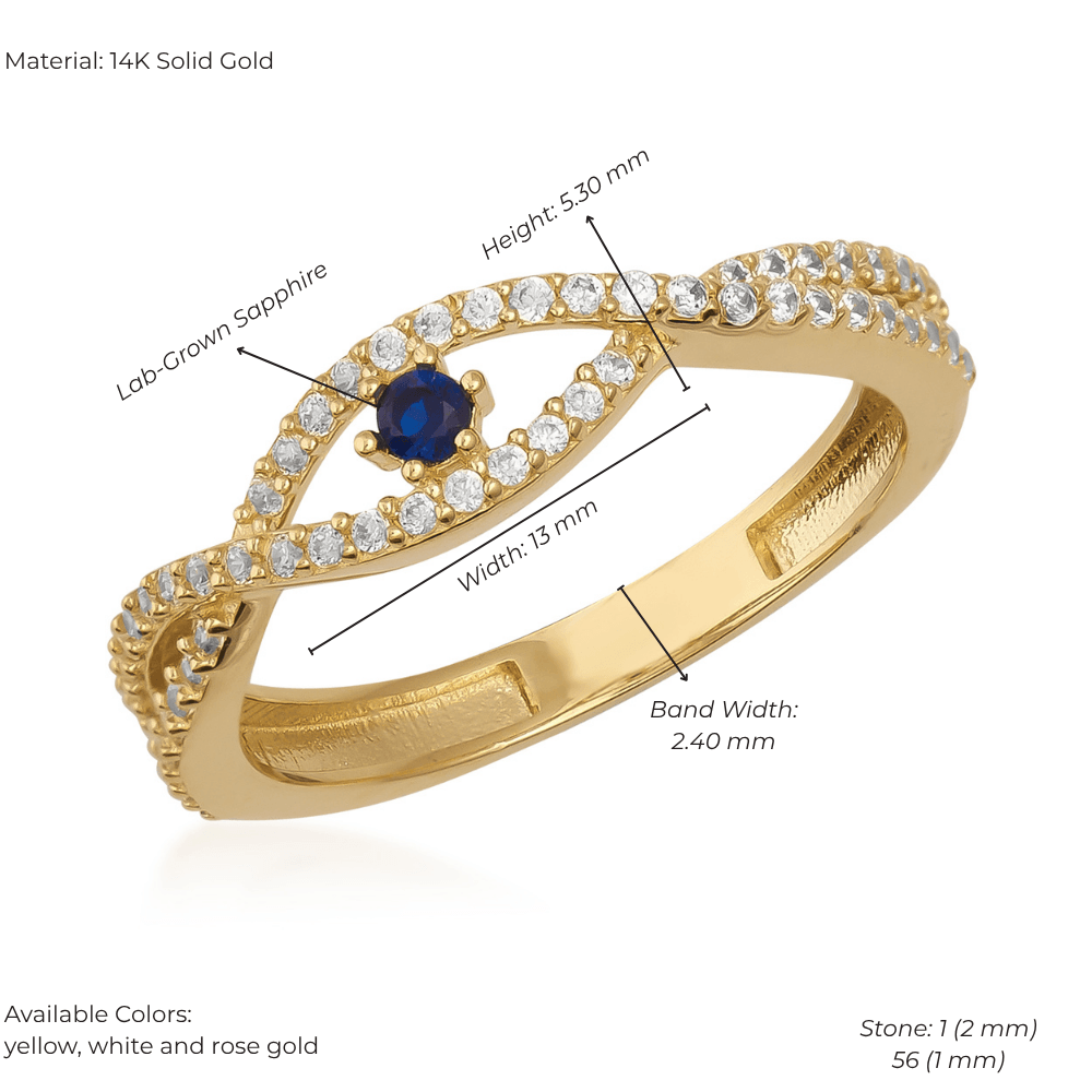 14K solid gold ring with blue sapphire center and pavé white stones in an evil eye design