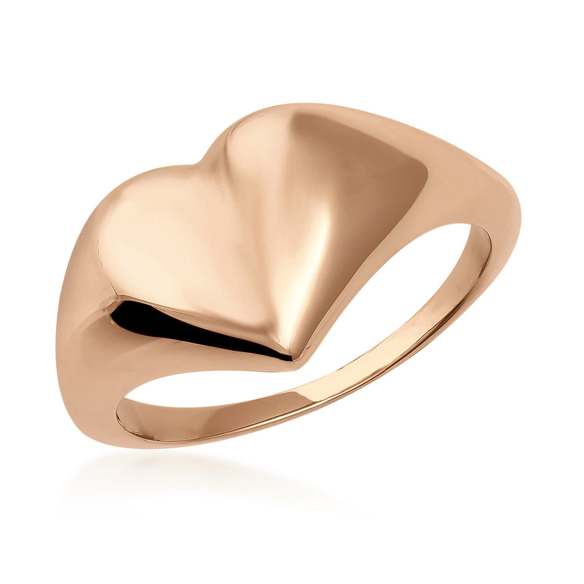 Polished 14K gold heart-shaped ring with smooth, shiny finish on white background