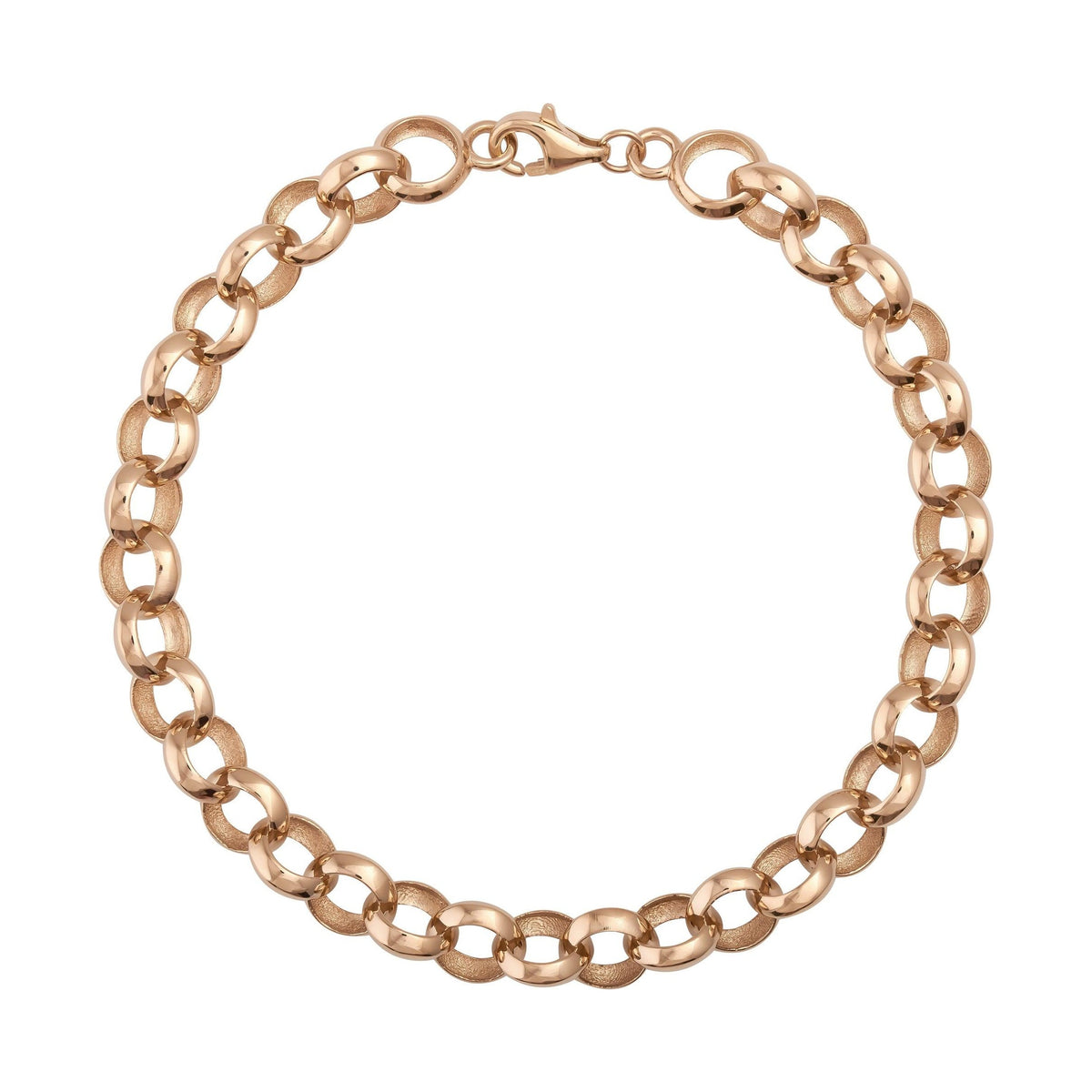 Chunky 14K gold chain bracelet with round links and lobster clasp on white background