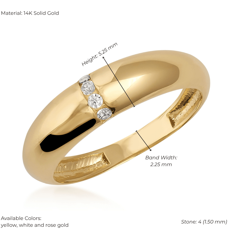14K solid gold chunky ring with four small round diamonds, polished finish, band width 2.25mm.