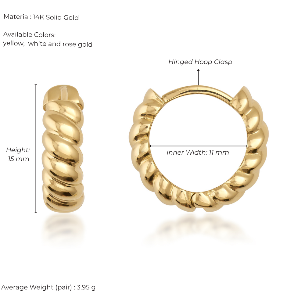 Gold hoop earrings with dimensions and material details on a white background