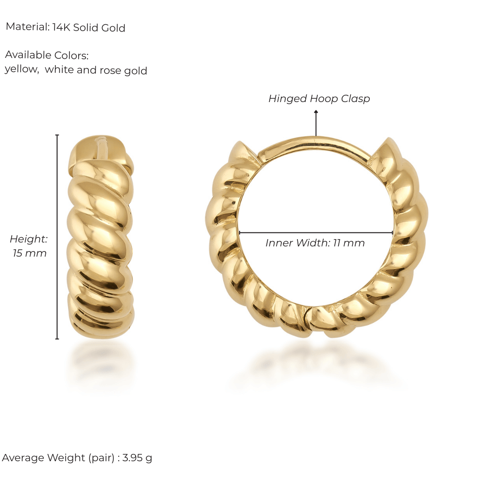 14K solid gold bold curved hoop earring with textured design, 15mm height, 11mm width