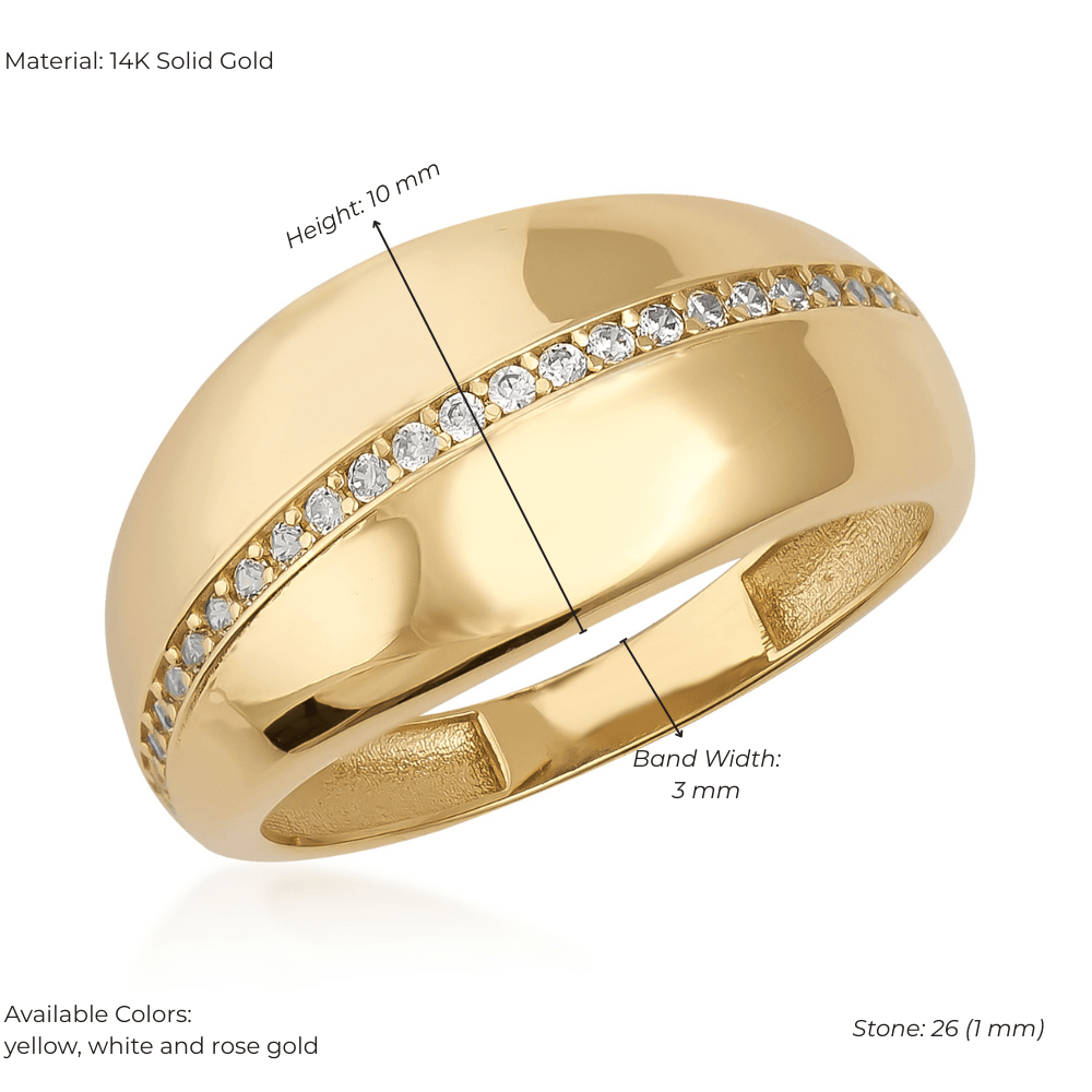 Bold 14K solid gold ring with row of small diamonds, 10mm height, 3mm band width
