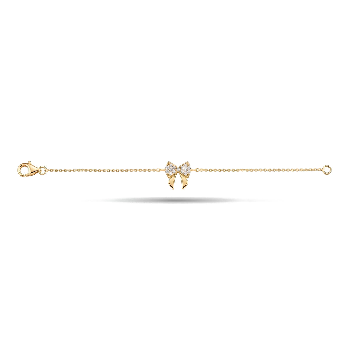 14K yellow gold bow bracelet laid out straight, clear stone pavé bow centred on a fine chain, on white