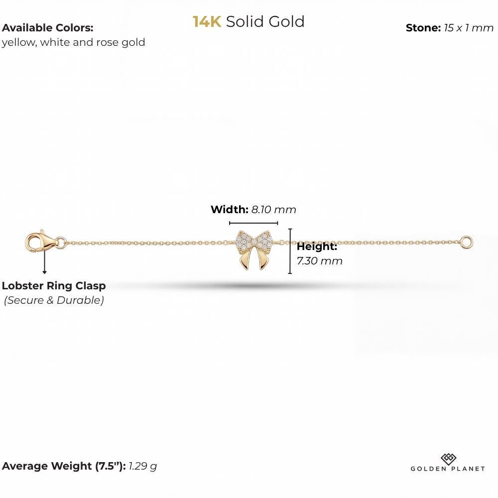 Product info graphic for 14K gold bow bracelet, size and weight guide