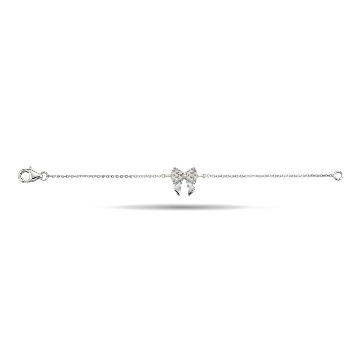 14K white gold bow bracelet laid out straight, clear stone pavé bow centred on a fine chain, on white