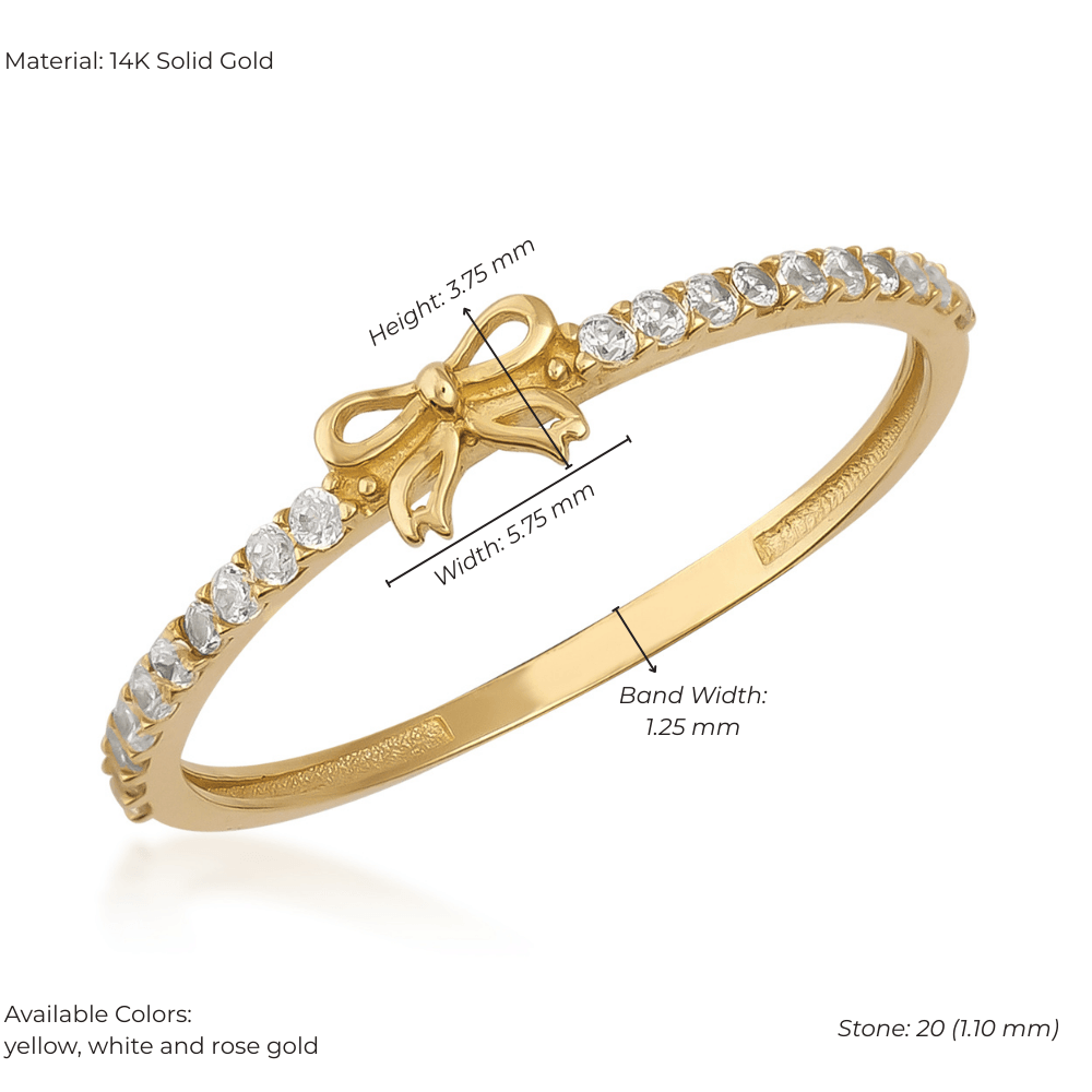 14K gold ring with diamond accents, bow centerpiece, slim band, and detailed size measurements