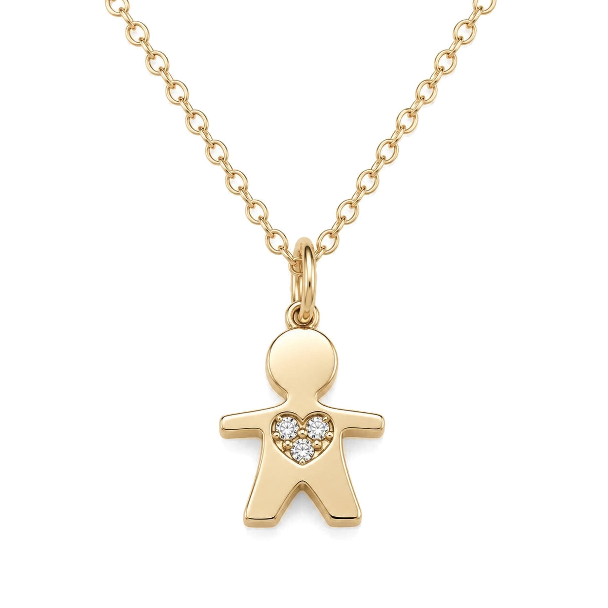 14K yellow gold boy necklace, boy figure pendant with a clear stone heart on a cable chain, close-up