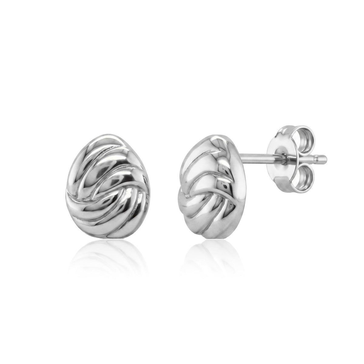 14K white gold braided knot stud earrings, front and side view of the pair with butterfly back