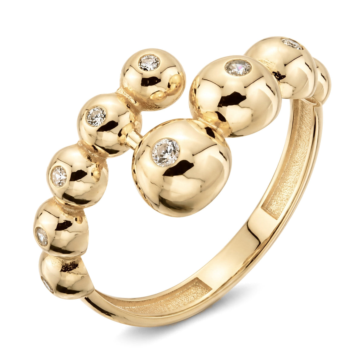 14K yellow gold bubble ring, open wrap of graduated polished spheres each set with a clear stone