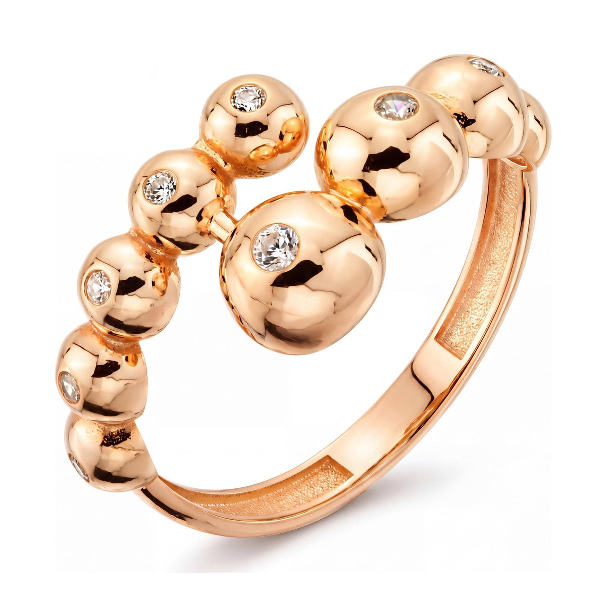 14K rose gold bubble ring, open wrap of graduated polished spheres each set with a clear stone