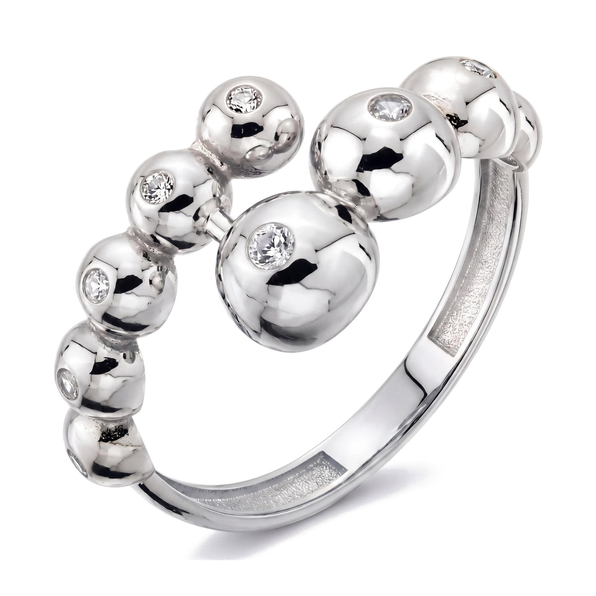 14K white gold bubble ring, open wrap of graduated polished spheres each set with a clear stone