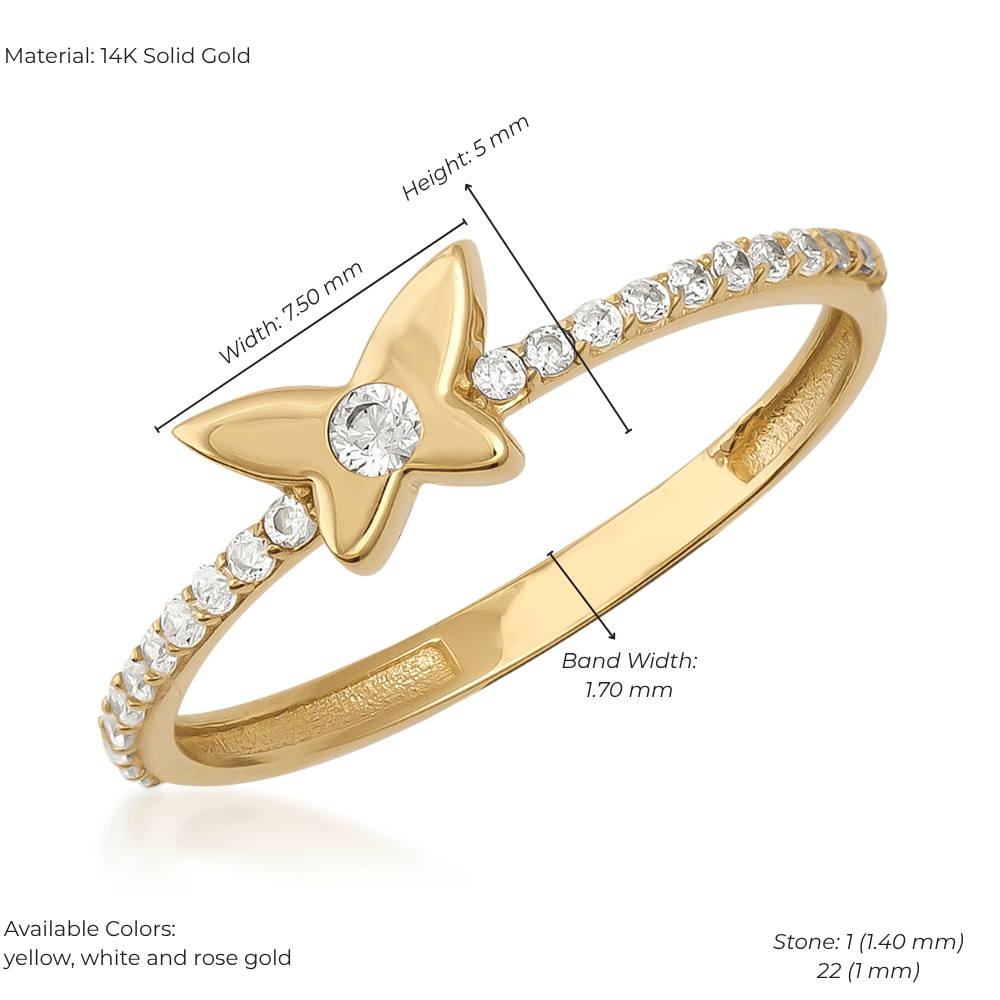 14K solid gold butterfly ring with diamond accents, slim band, and detailed measurements