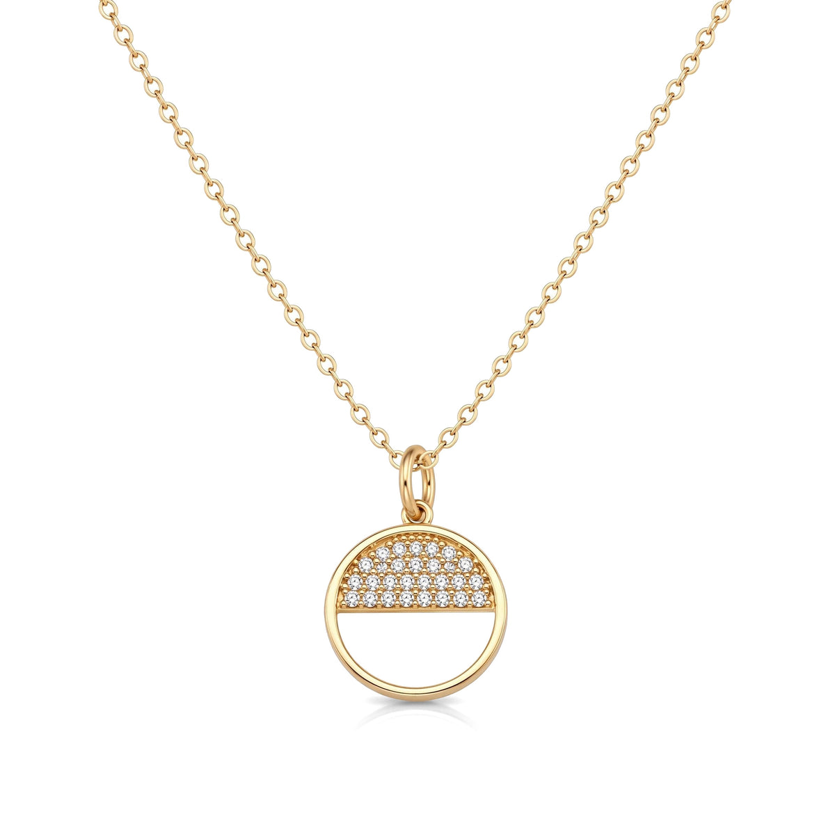 14K yellow gold circle necklace, open ring pendant with the top half paved in clear stones, on white