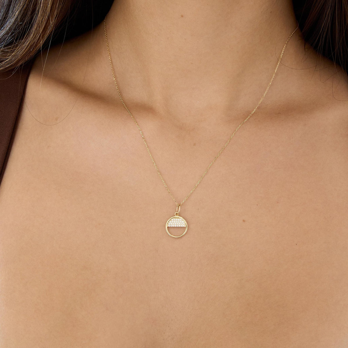 14K gold circle necklace, styled view