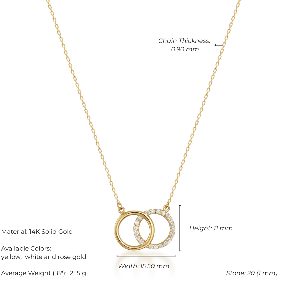 14K solid gold necklace with two interlocking circles, one with pavé stones, on a fine chain