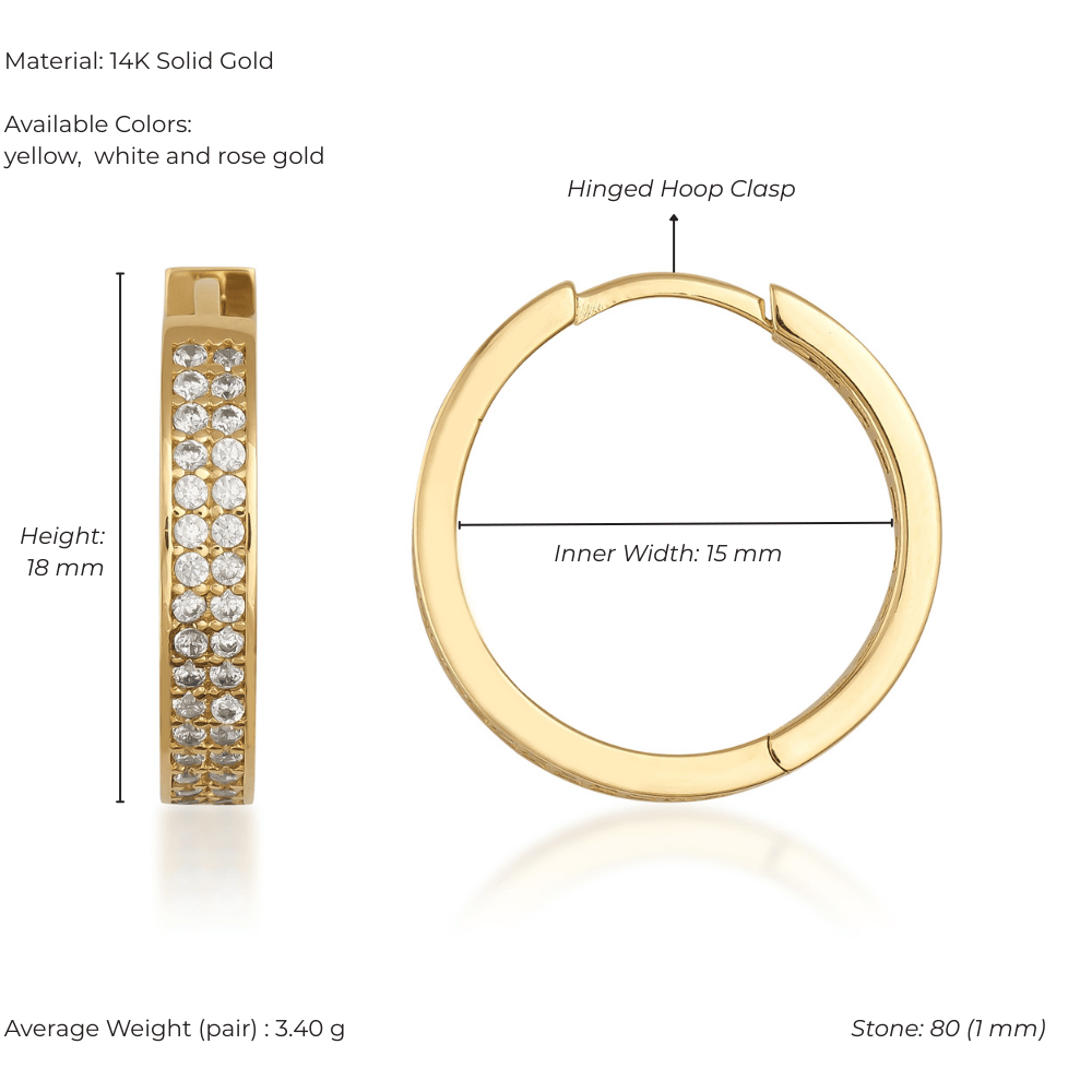 14K solid gold hoop earring with pavé stones, 18mm height, hinged clasp, jewelry closeup