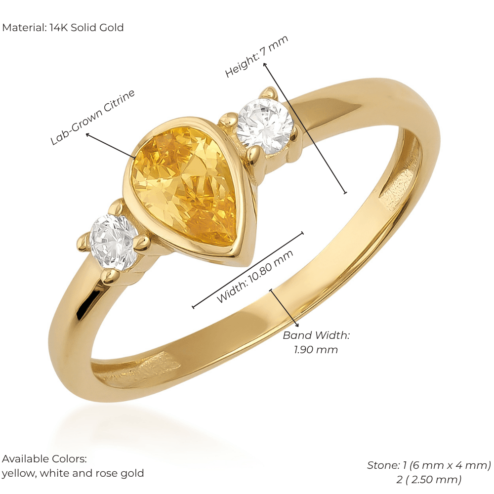 14K gold vintage ring with pear-cut lab-grown citrine and two round white stones