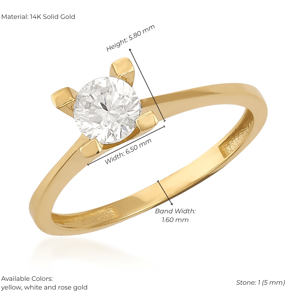 14K solid gold classic wedding ring with a round solitaire gemstone and prong setting