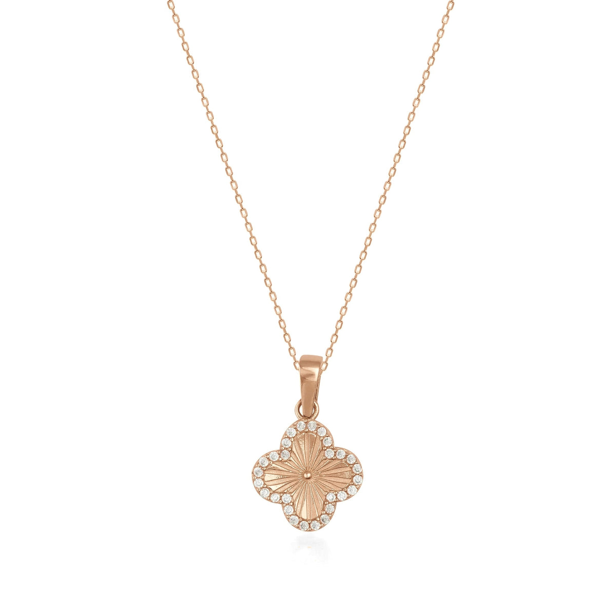 14K gold clover pendant necklace with cubic zirconia accents on a fine gold chain, elegant jewelry