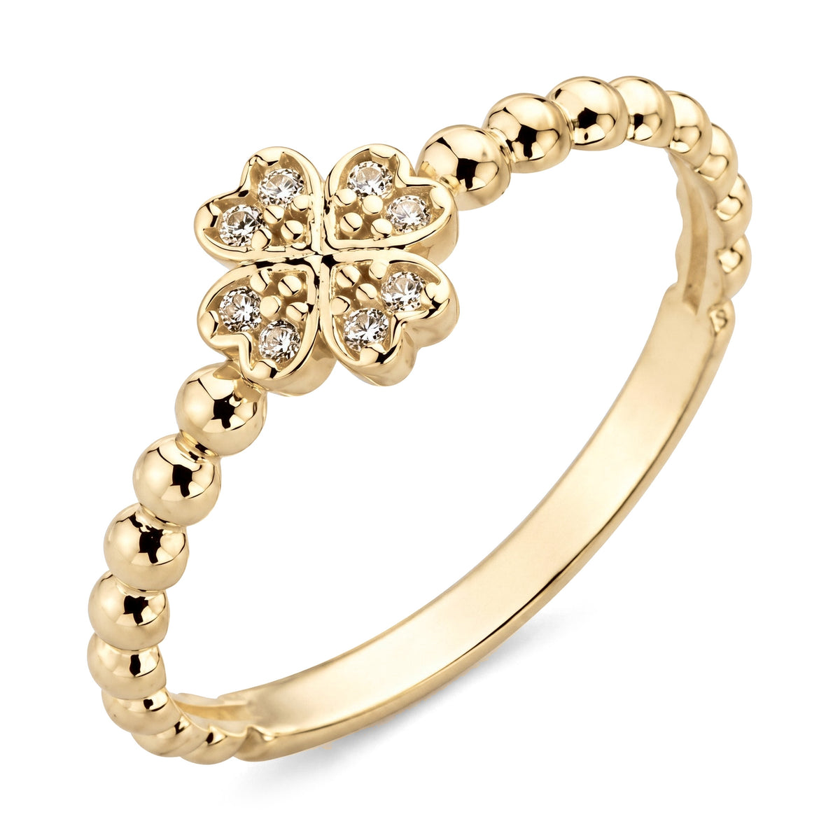 14K yellow gold clover ring, four heart-shaped petals set with clear stones on a beaded band