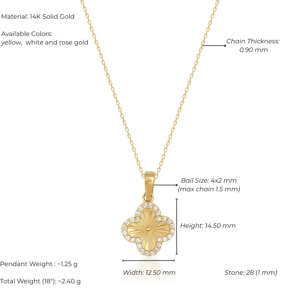 Gold necklace with pendant on a white background, showing measurements and material details.