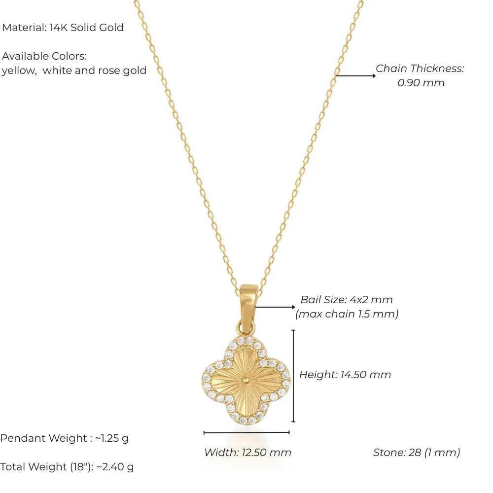 14K gold clover necklace with diamond accents, delicate chain, and floral pendant details