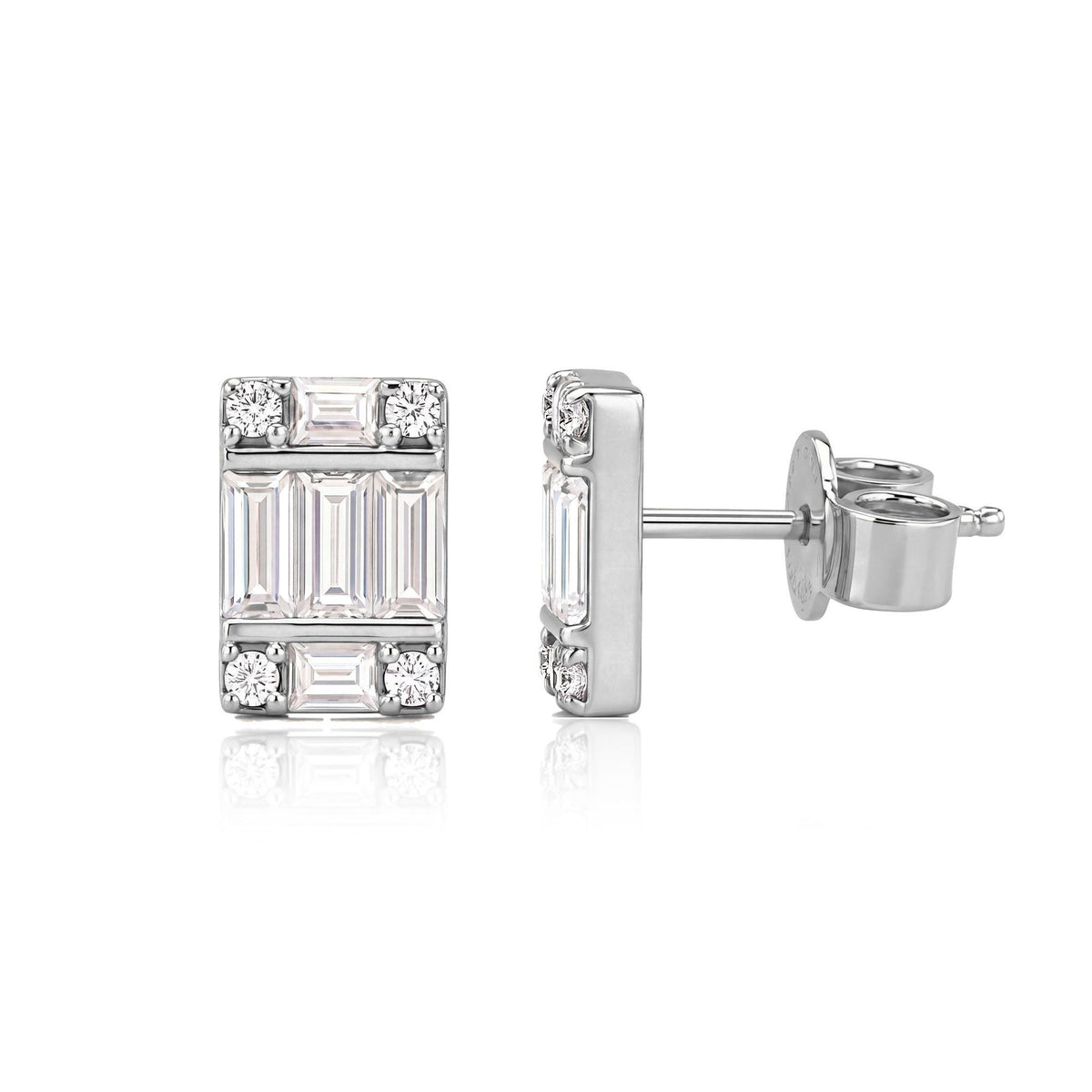 14K white gold cluster stud earrings with round cubic zirconia, front view and side view with push back