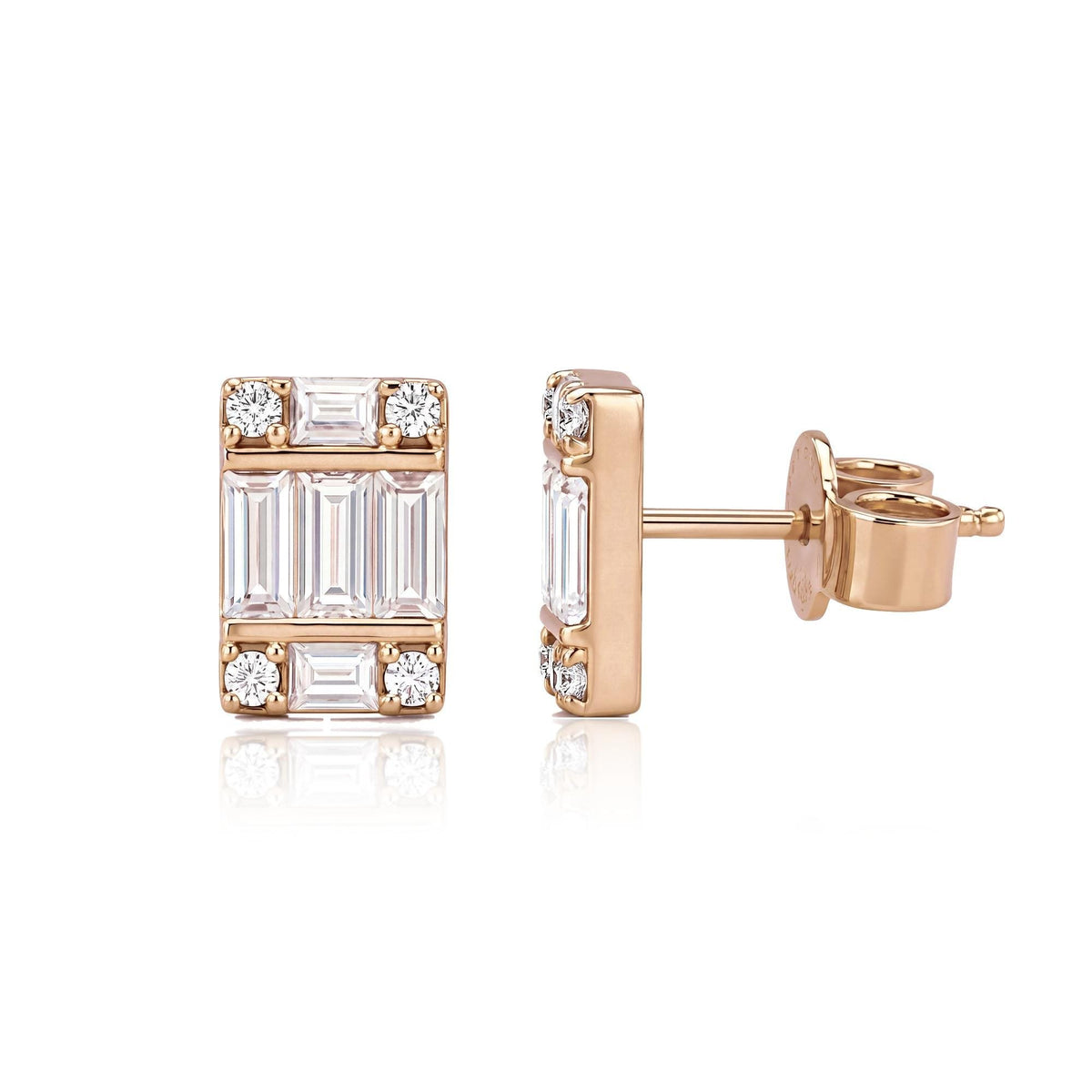 14K rose gold cluster stud earrings with round cubic zirconia, front view and side view with push back
