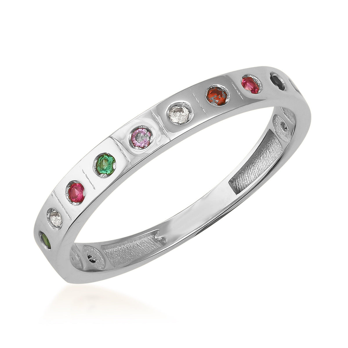 14K white gold band ring with round multicolor cubic zirconia set in a polished finish