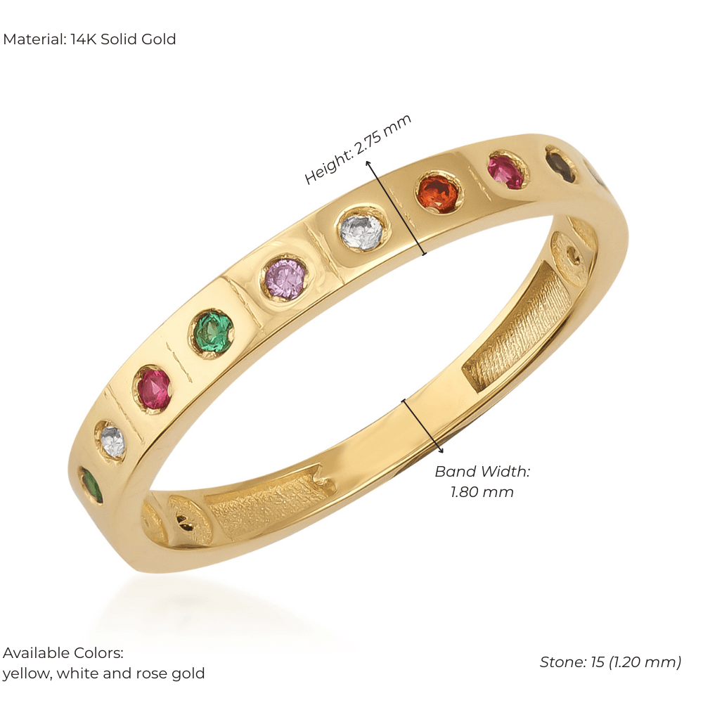 14K gold band ring with multicolored gemstones, slim design, detailed size labels