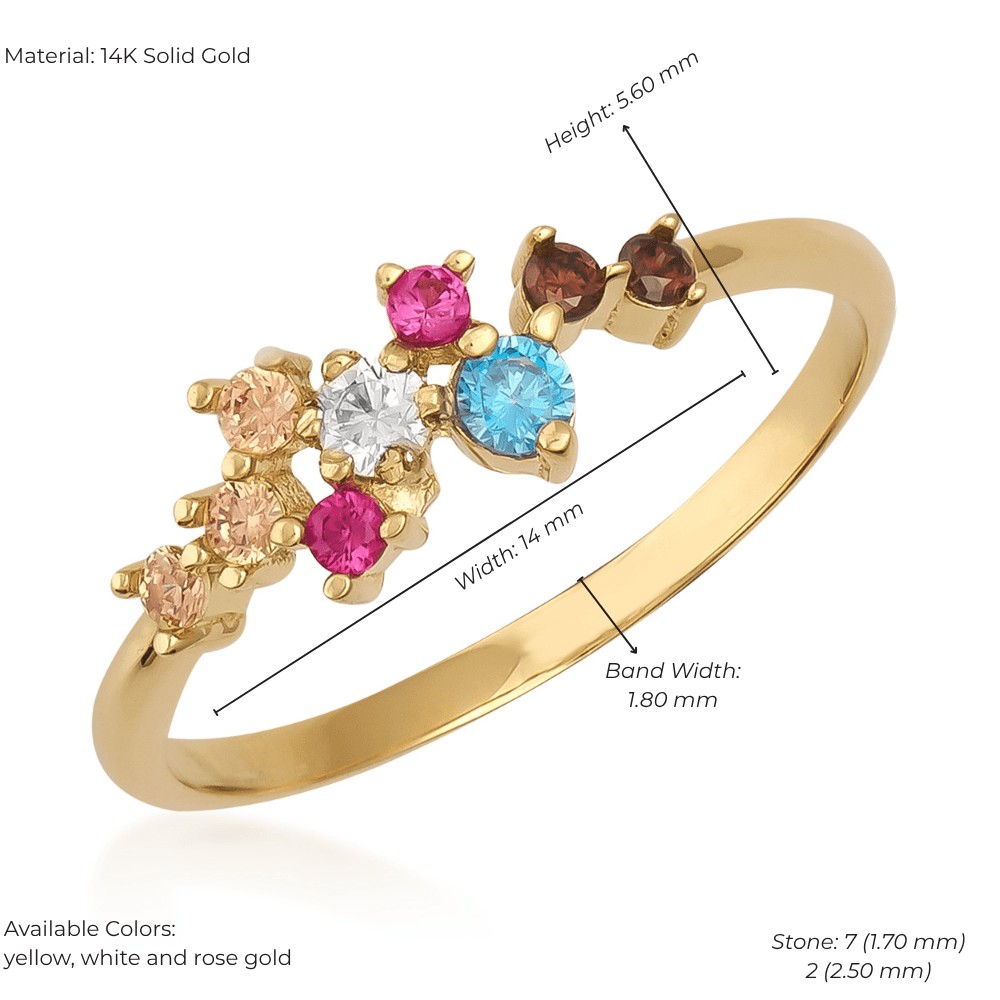 14K solid gold ring with colorful round birthstone-inspired gemstones, detailed size measurements visible.