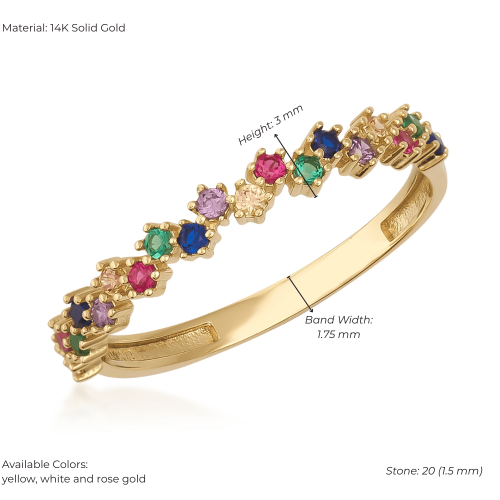 14K solid gold ring with colorful birthstone gemstones, slim band, elegant design