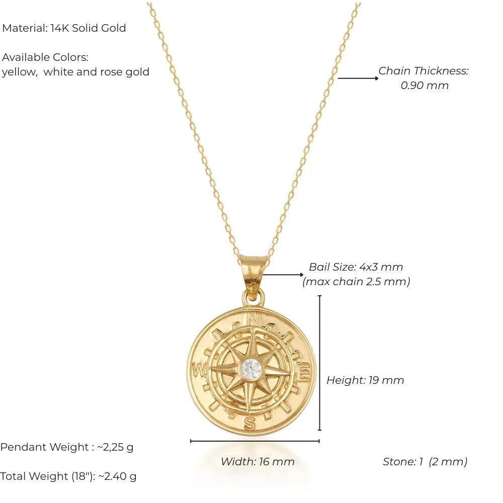 14K solid gold compass necklace with diamond accent, round pendant, fine chain, jewelry details labeled