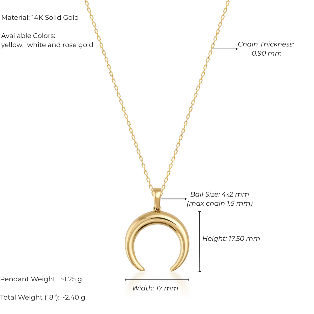 Gold necklace with crescent moon pendant and measurement details on a white background