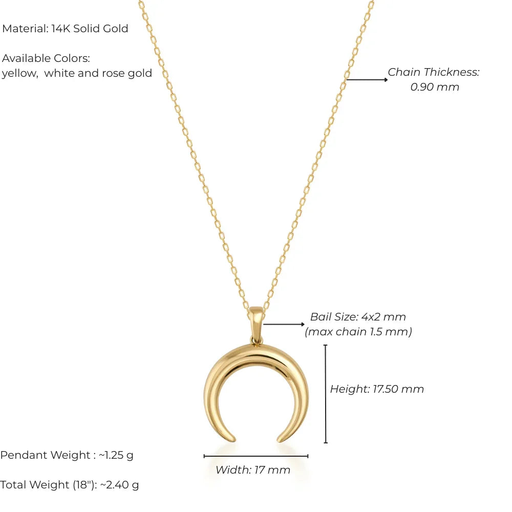 Gold necklace with crescent moon pendant and measurement details on a white background