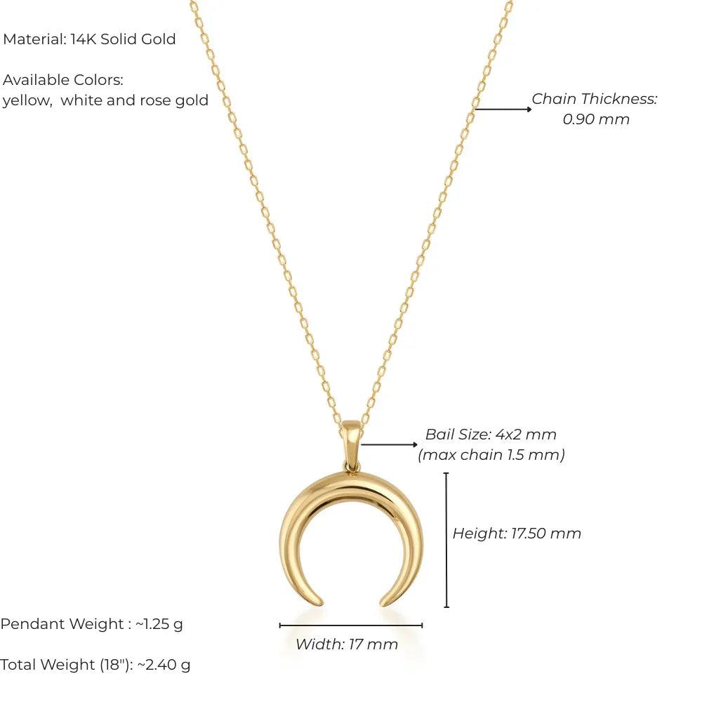 14K solid gold crescent moon pendant necklace with fine chain, minimalist design, jewelry