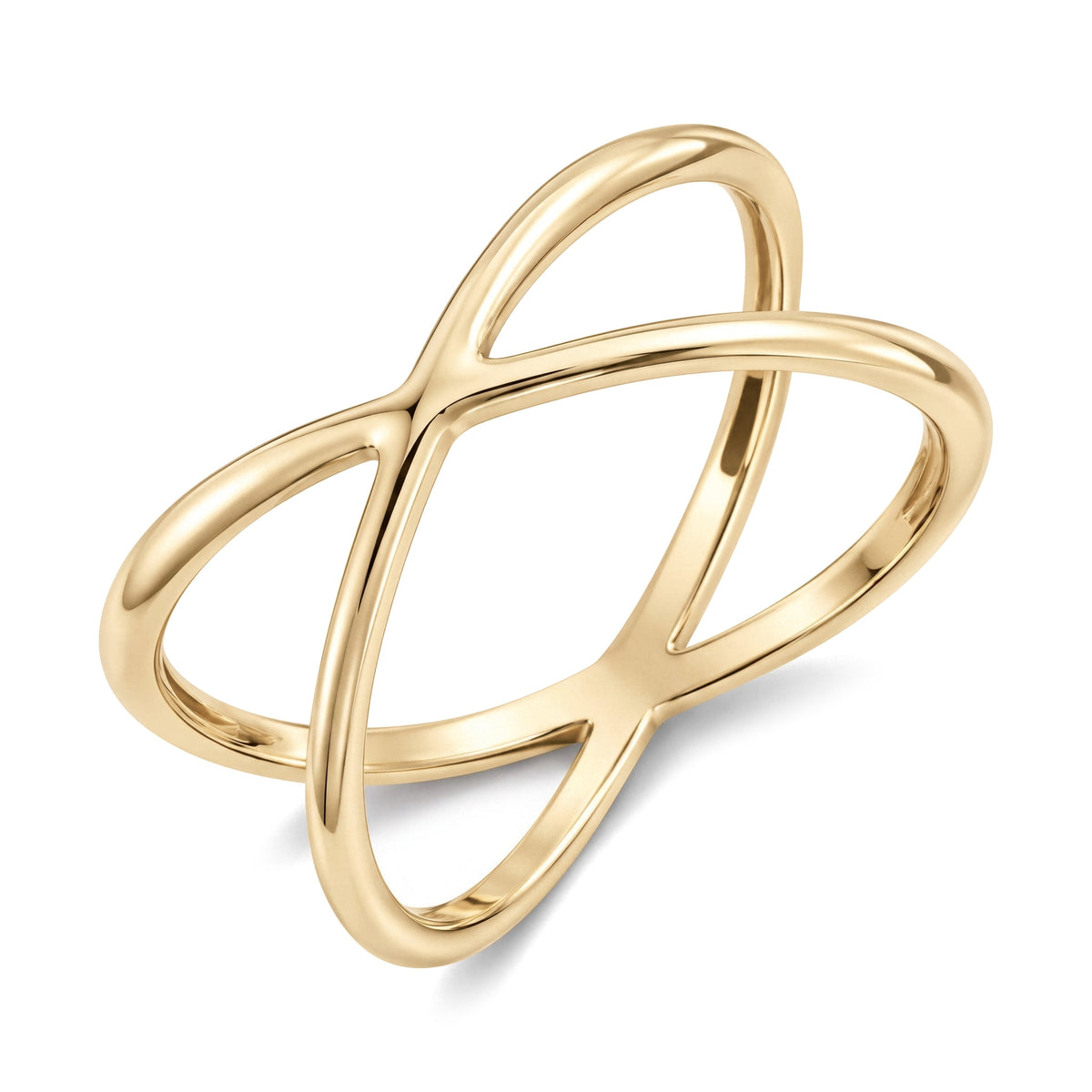 14K yellow gold criss cross ring, two slim polished bands crossing in an open X, on white