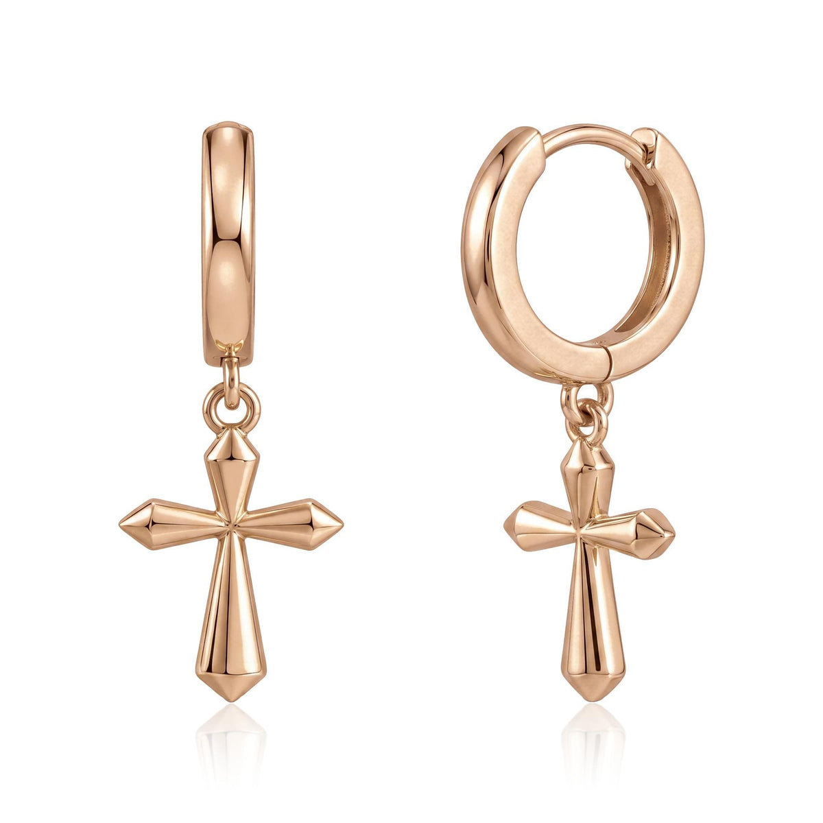 14K rose gold cross hoop earrings on white
