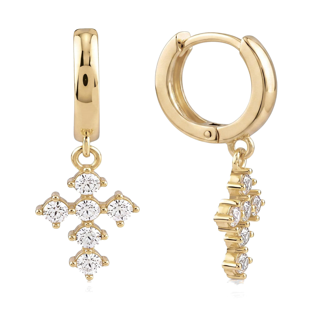 14K yellow gold cross huggie earrings with round cubic zirconia, front and side view on white