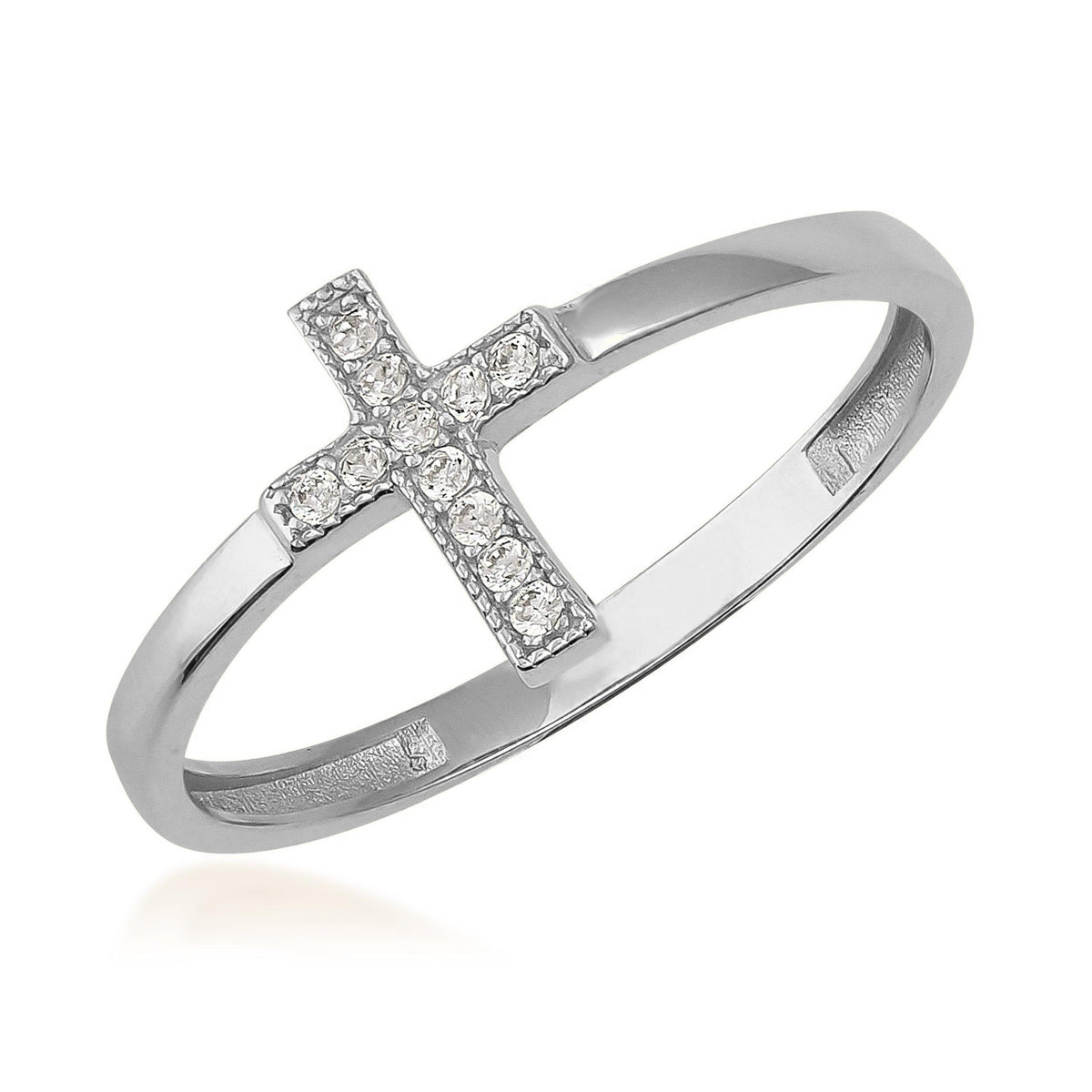 14K white gold cross ring with pavé cubic zirconia on a plain band, elegant jewelry design