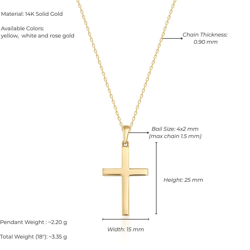 Gold cross pendant with measurement details on a white background