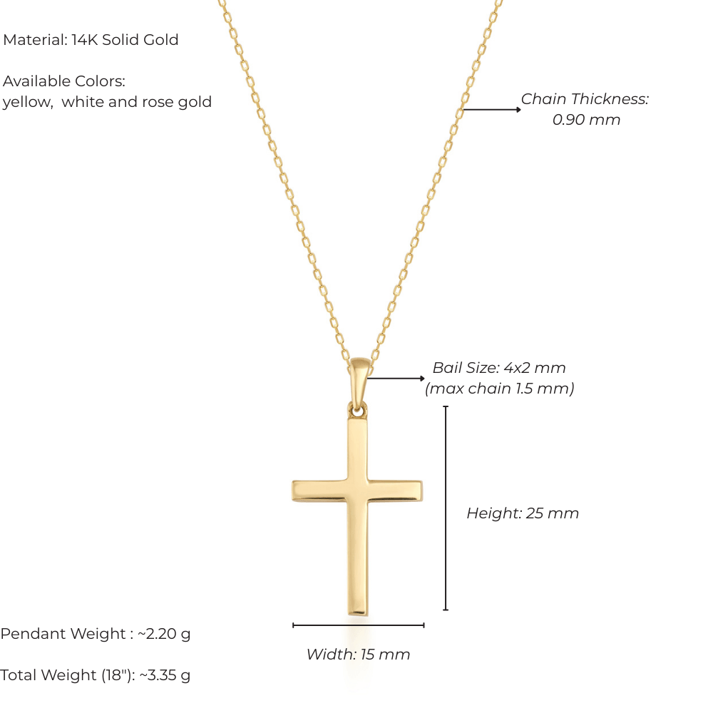 14K solid gold cross pendant necklace with slim chain, minimalist design, jewelry dimensions labeled.