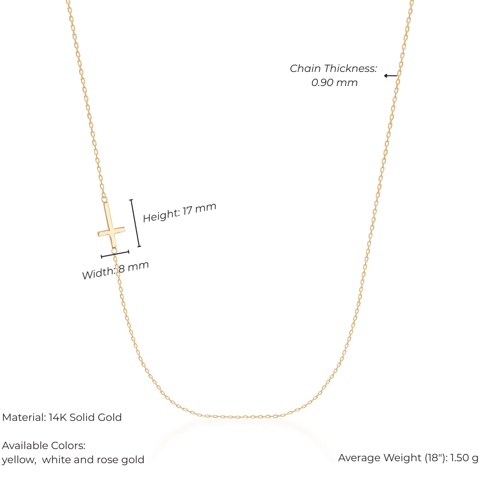 14K solid gold sideways cross necklace with fine chain, available in yellow, white, and rose gold