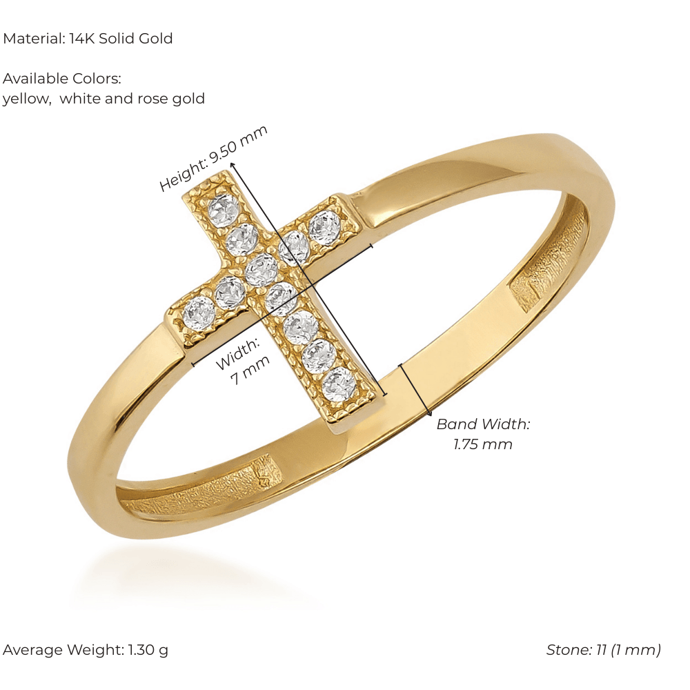 14K yellow gold ring with cross design, set with round white diamonds