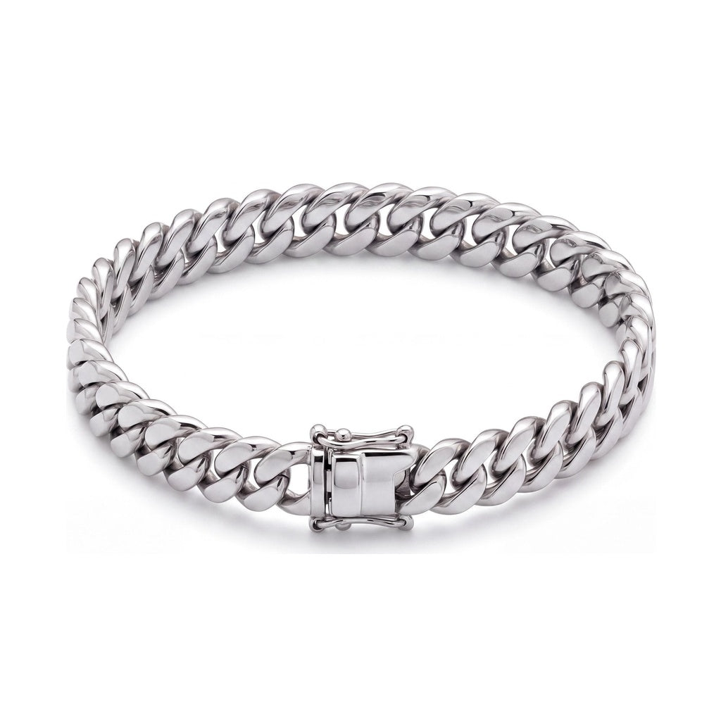 14K white gold Cuban link bracelet, thick curb links closed with a box clasp, on white