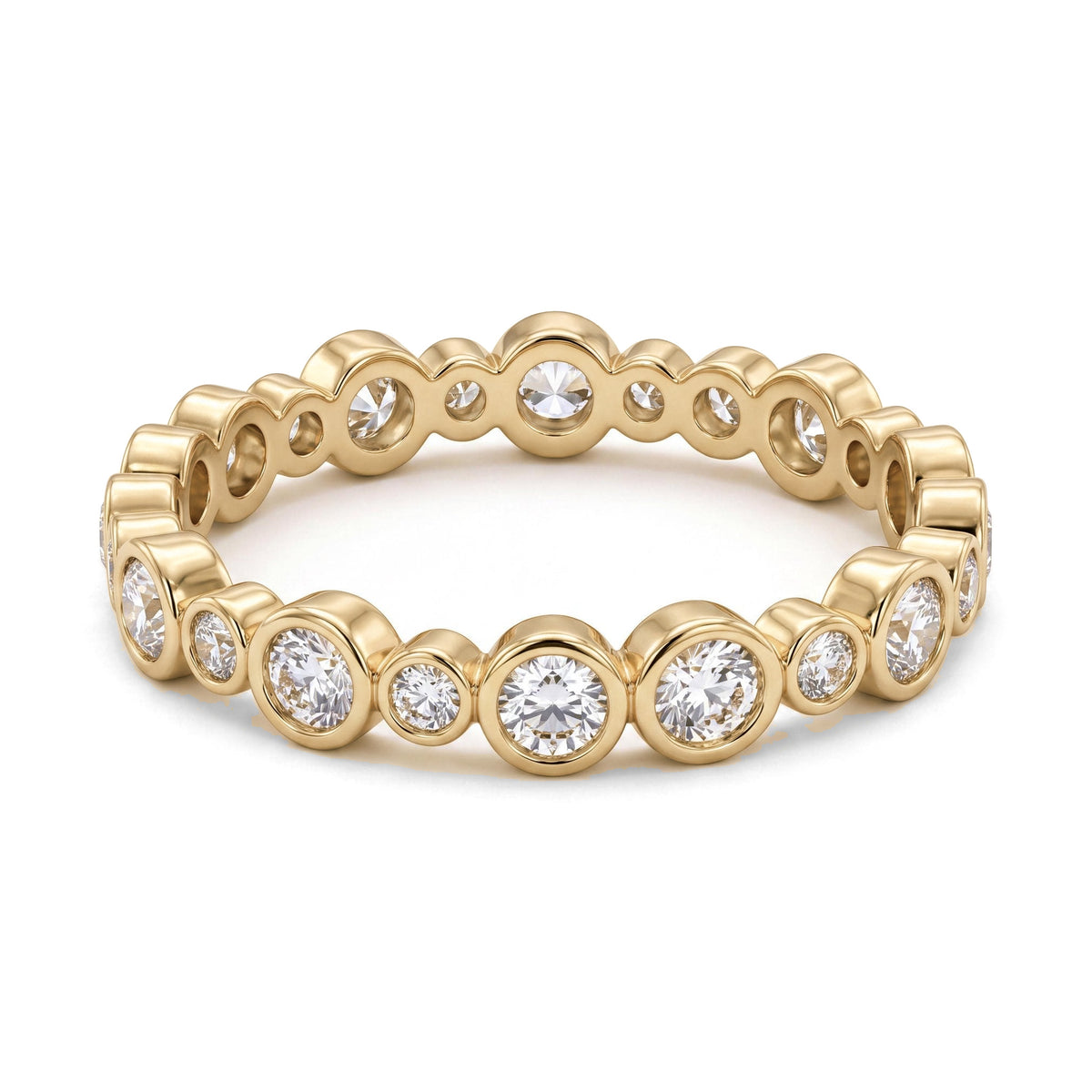 14K yellow gold CZ bezel eternity band ring, alternating large and small bezel-set stones all around