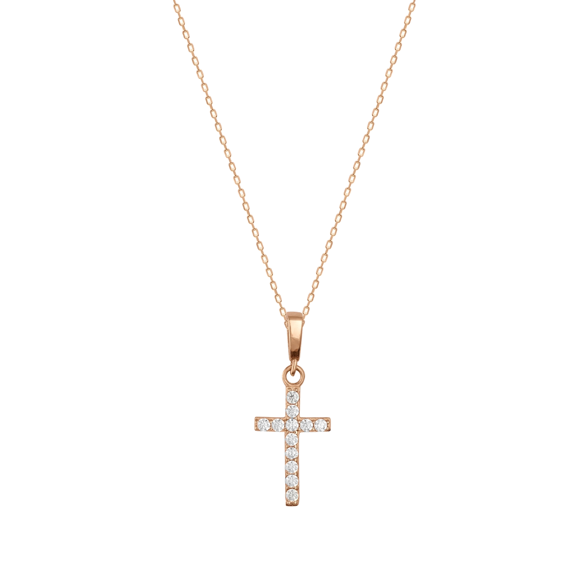 14K rose gold CZ cross pendant necklace on a delicate chain on white background