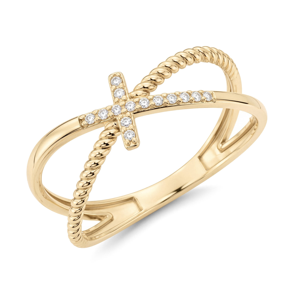 14K yellow gold cross ring, cubic zirconia cross over a twisted rope band and a plain band, on white