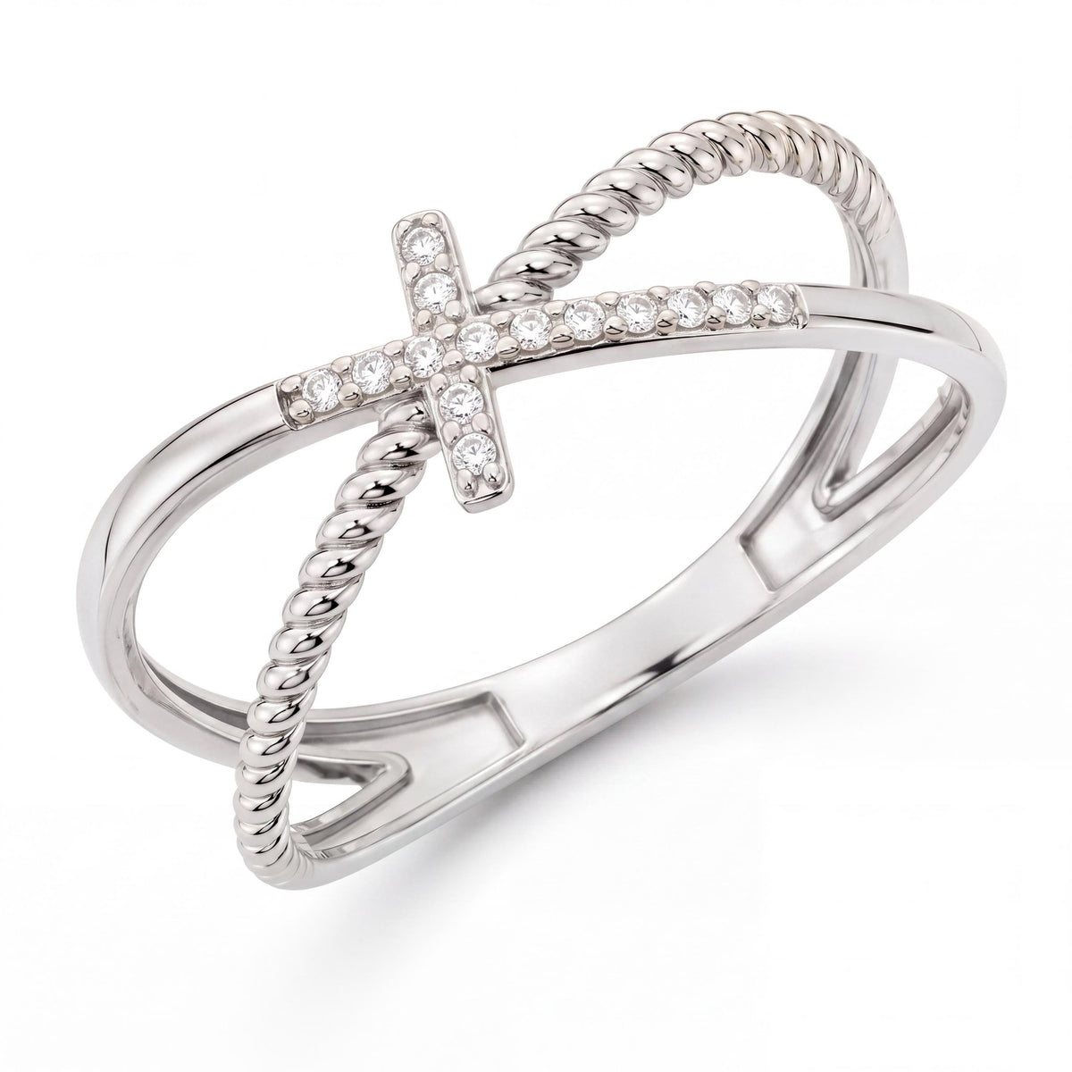 14K white gold cross ring with a cubic zirconia cross on crossed rope and plain bands, on white